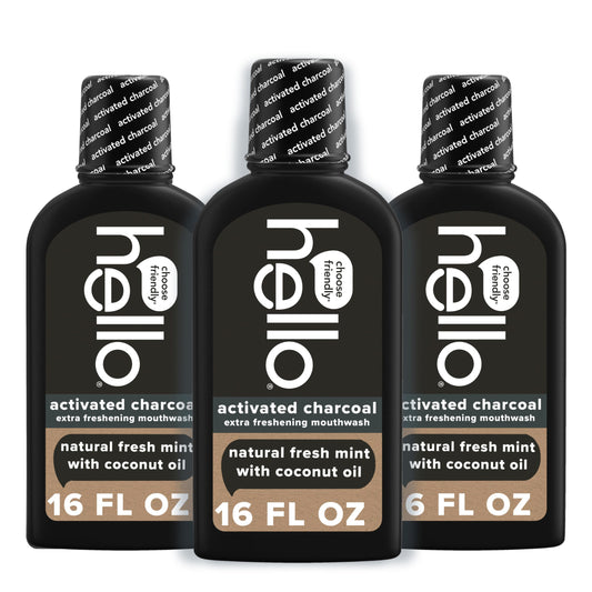 Hello activated charcoal mouthwash bottle boosts fresh breath and clean mouthfeel.