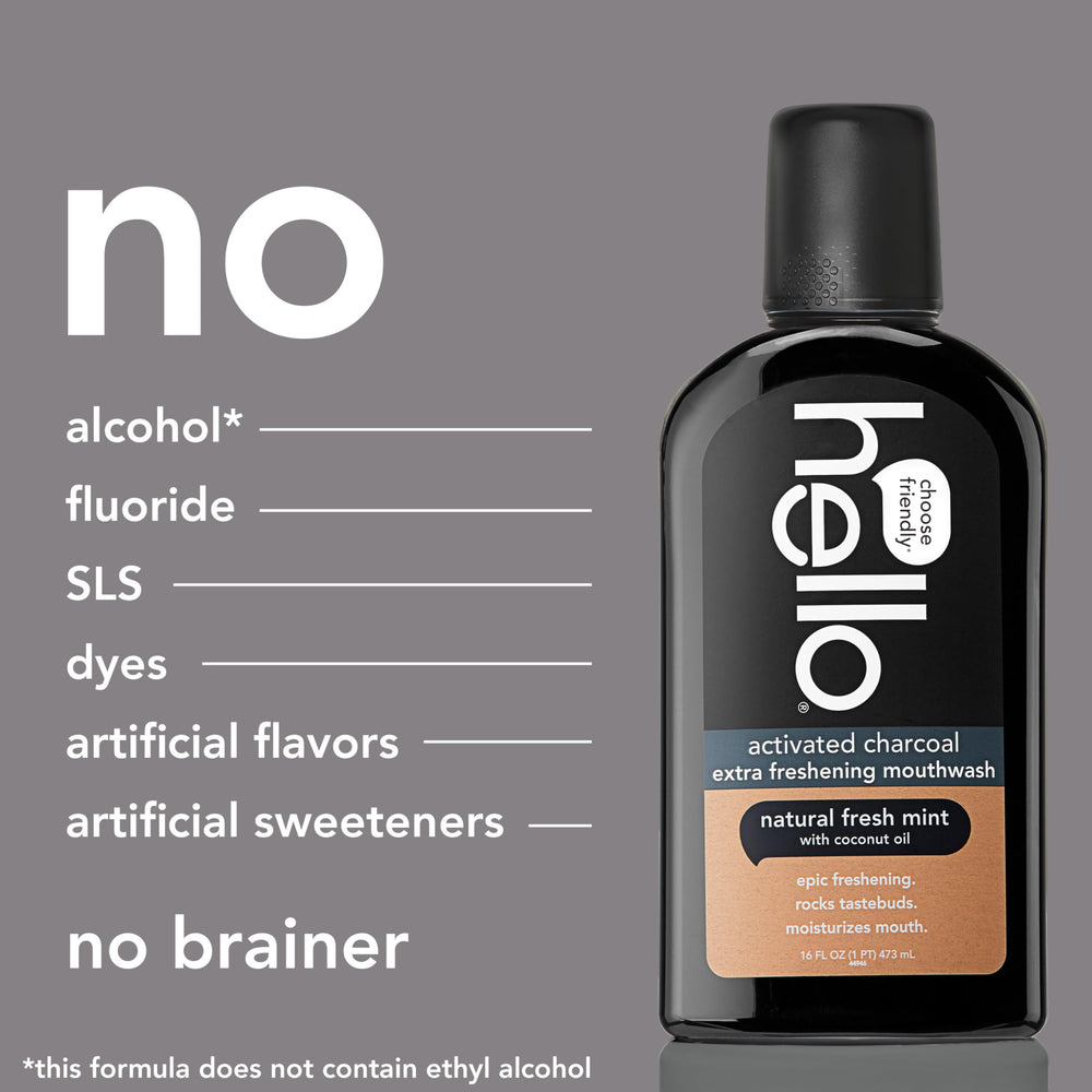 Hello gluten-free mouthwash label emphasizes gluten-free formulation for sensitive users.