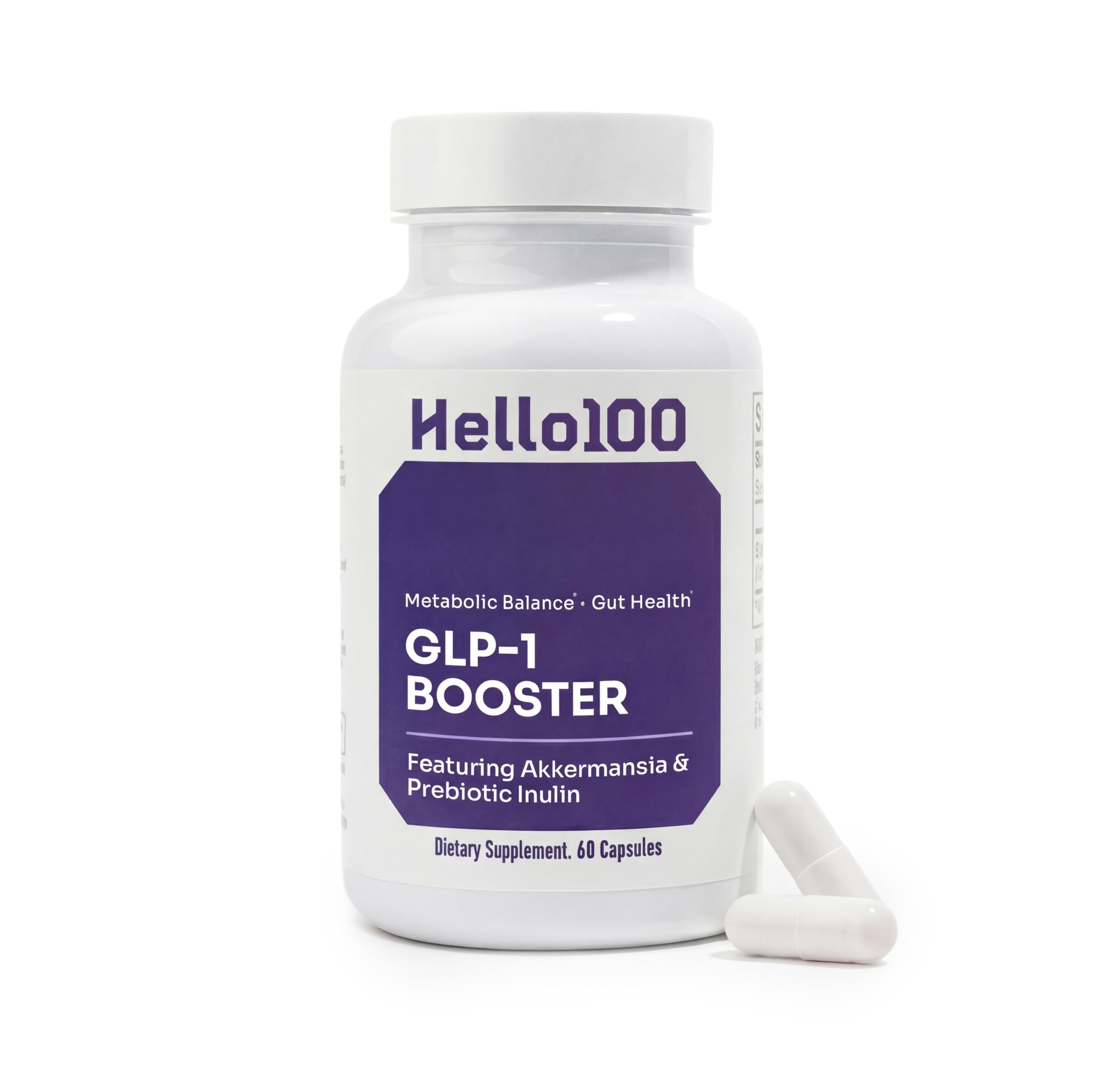 Hello100 GLP-1 supplement bottle with two daily capsules for balanced appetite support.