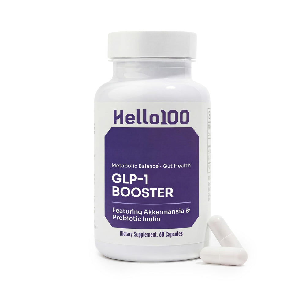 Hello100 GLP-1 supplement bottle with two daily capsules for balanced appetite support.