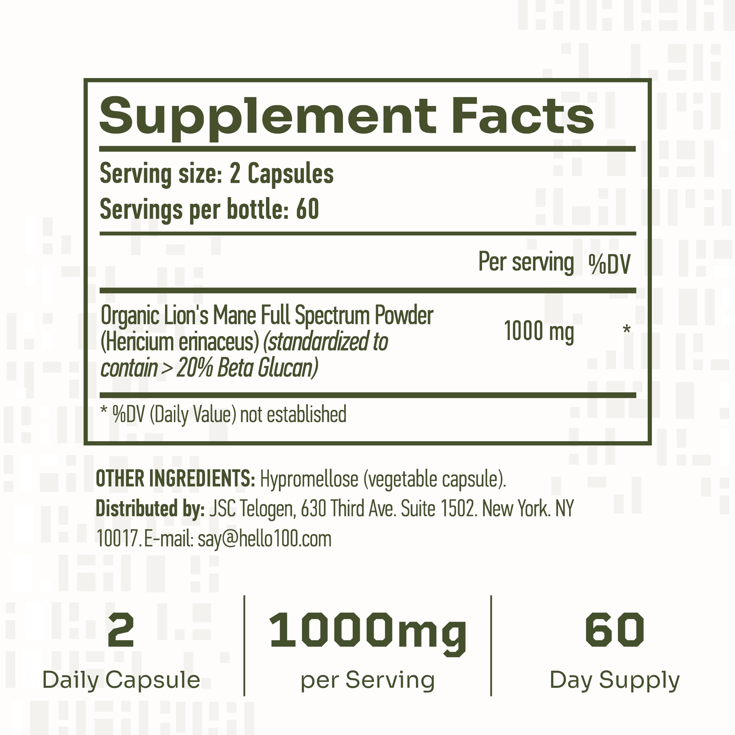 Hello100 Lions Mane bottle front view for potential memory and alertness benefits.