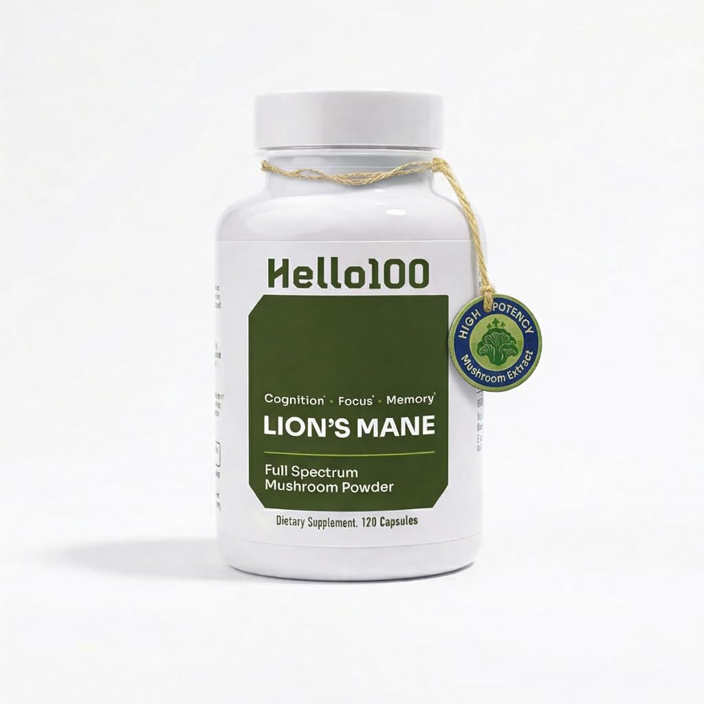 Hello100 Lions Mane capsules on a bottle, suggesting cognitive focus support.