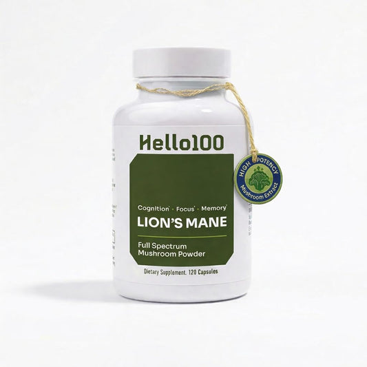 Hello100 Lions Mane capsules on a bottle, suggesting cognitive focus support.