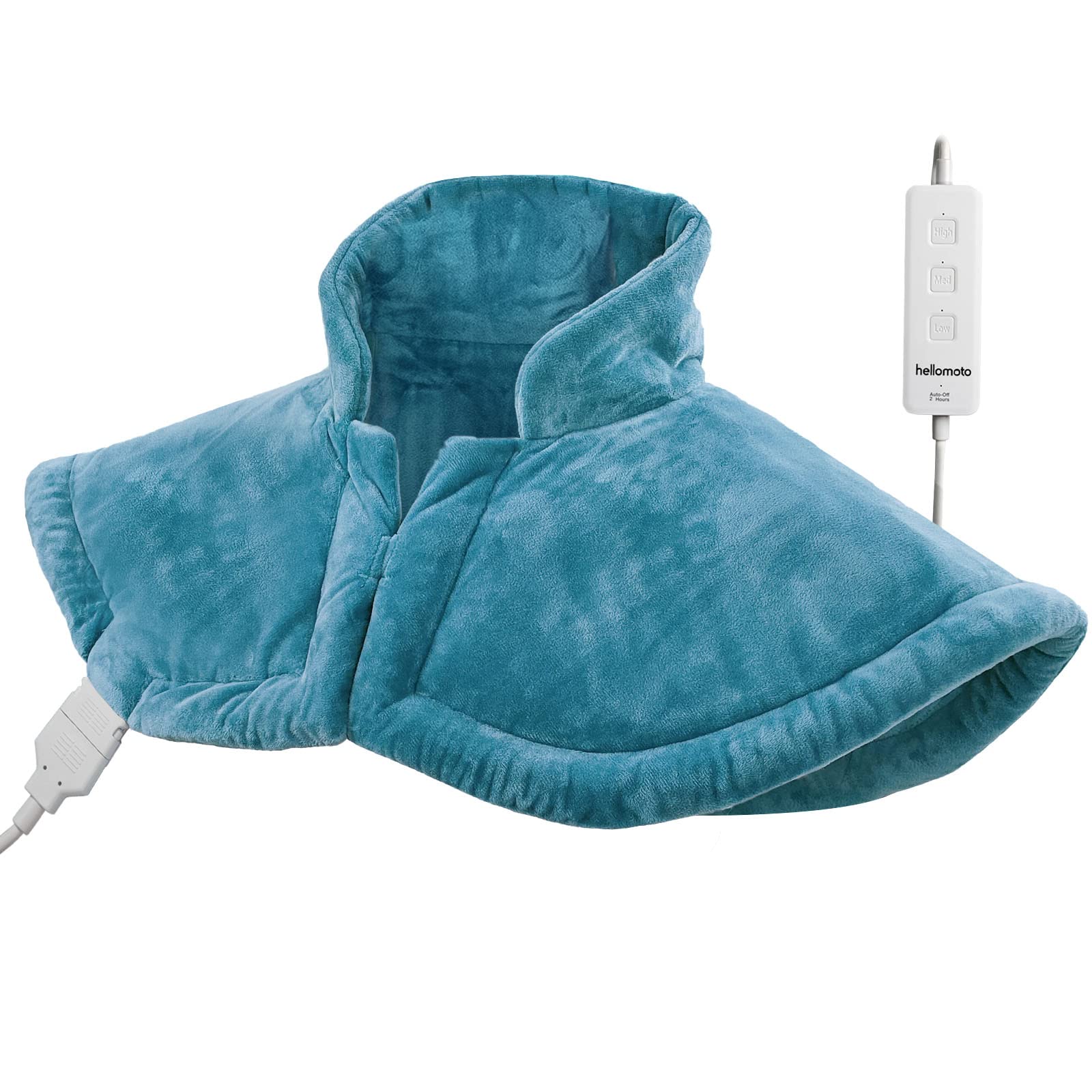 HELLOMOTO weighted heating pad worn around the neck and shoulders for hands-free warmth.
