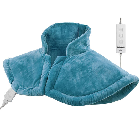 HELLOMOTO weighted heating pad worn around the neck and shoulders for hands-free warmth.