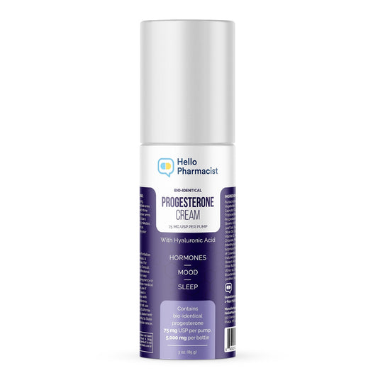 HelloPharmacist BioIdentical Progesterone Cream tub closeup; fragrance-free formula for sensitive skin.