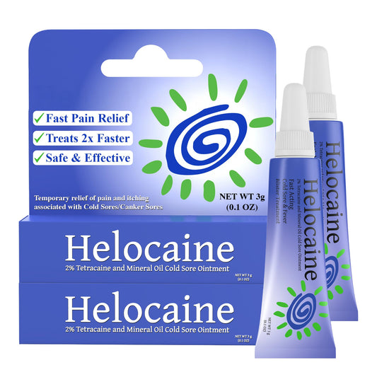 Helocaine fast-acting cold sore treatment tube ready for quick relief.