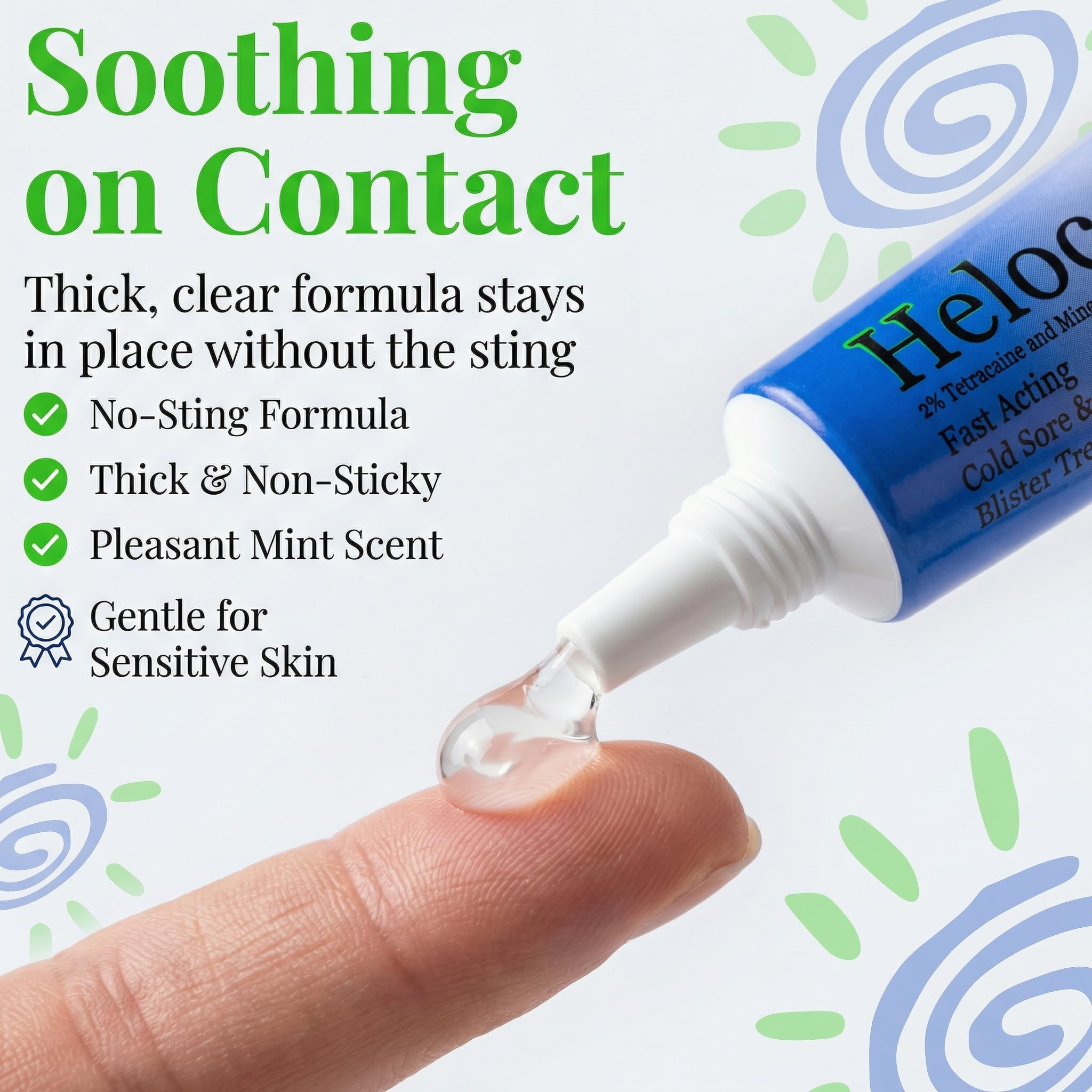 Helocaine lip and mouth relief shown during use near a mirror.