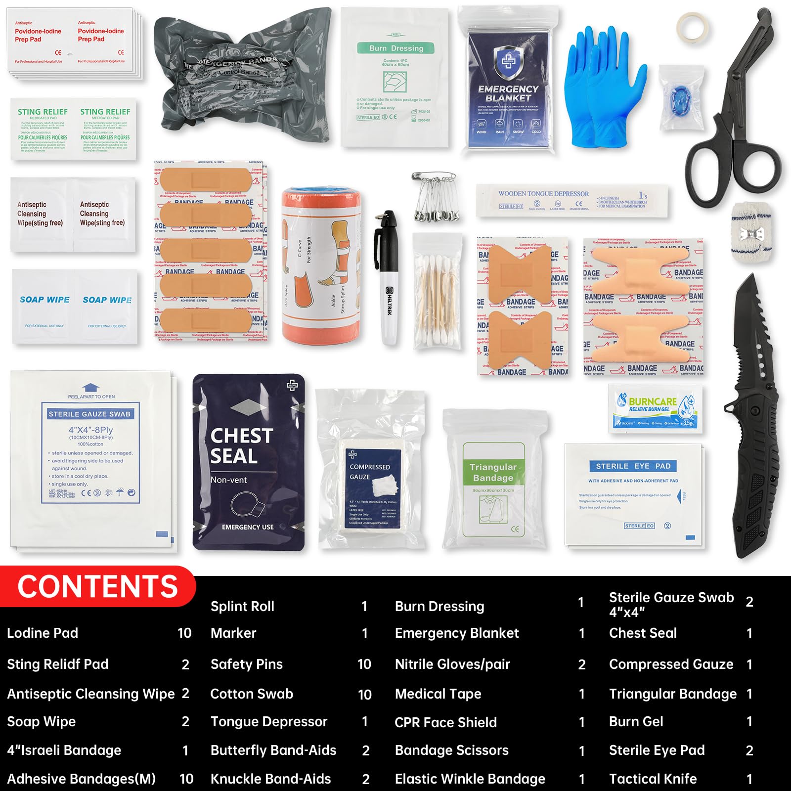 Heltrek Trauma Kit chest seal included for non-vented chest injury protection.