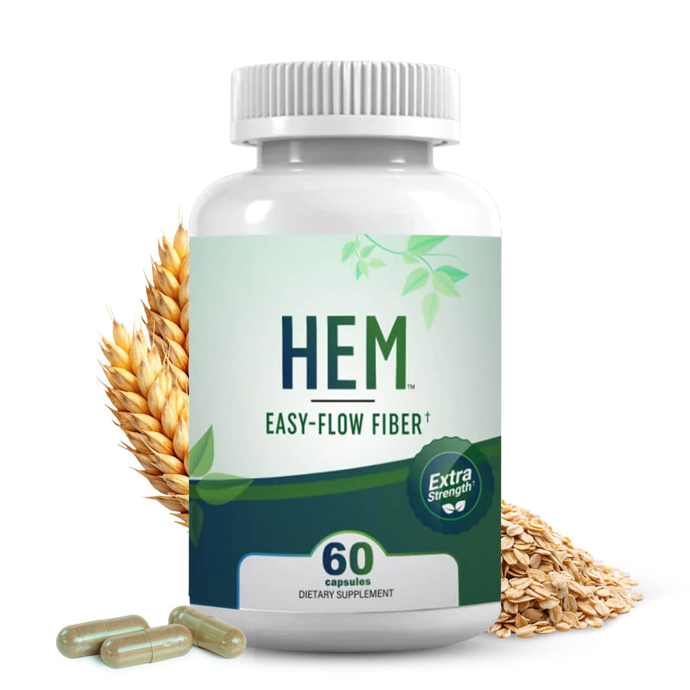 Hem Healer Easy-Flow Fiber bottle closeup promotes gentle, plant-based digestion