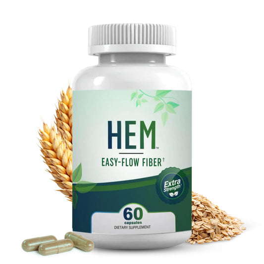 Hem Healer Easy-Flow Fiber bottle closeup promotes gentle, plant-based digestion