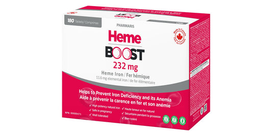 Heme Boost bottle front showing packaging for daily iron support