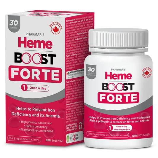 Hemeboost Forte bottle and scored tablet shown for easy daily iron support.