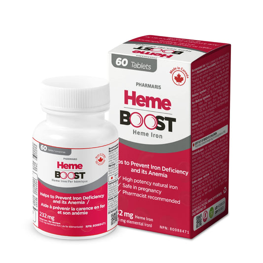 Hemeboost bottle with 60 tablets for daily iron support.