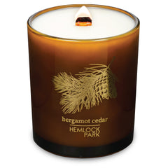 Hemlock Park Amber & Gold wood wick candle, 14oz, for a cozy, inviting ambiance.