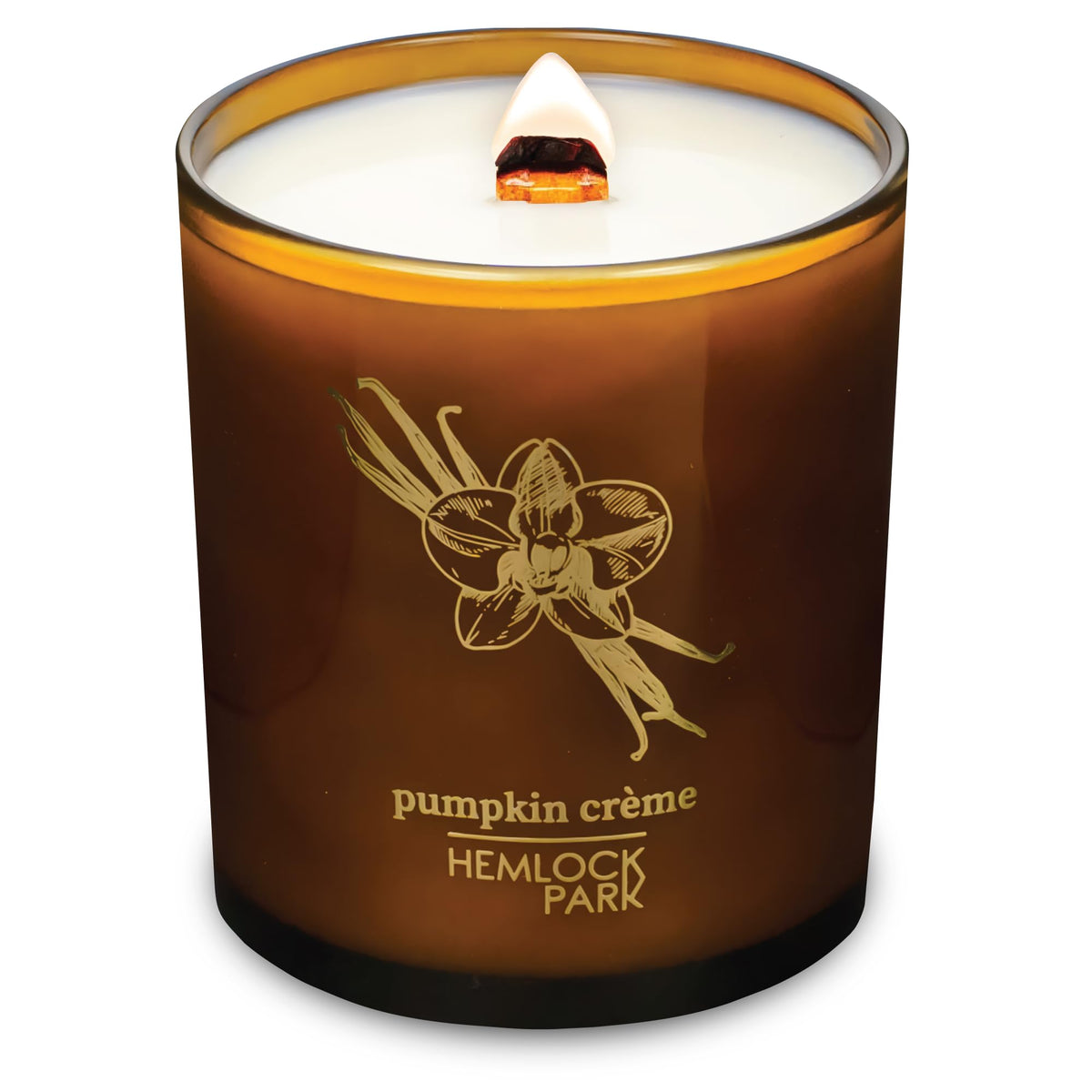Hemlock Park Amber & Gold Wood Wick Candle with coconut wax, creates cozy ambience.