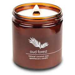 Hemlock Park Oud Forest candle, wood wick, top view highlighting premium ambiance.