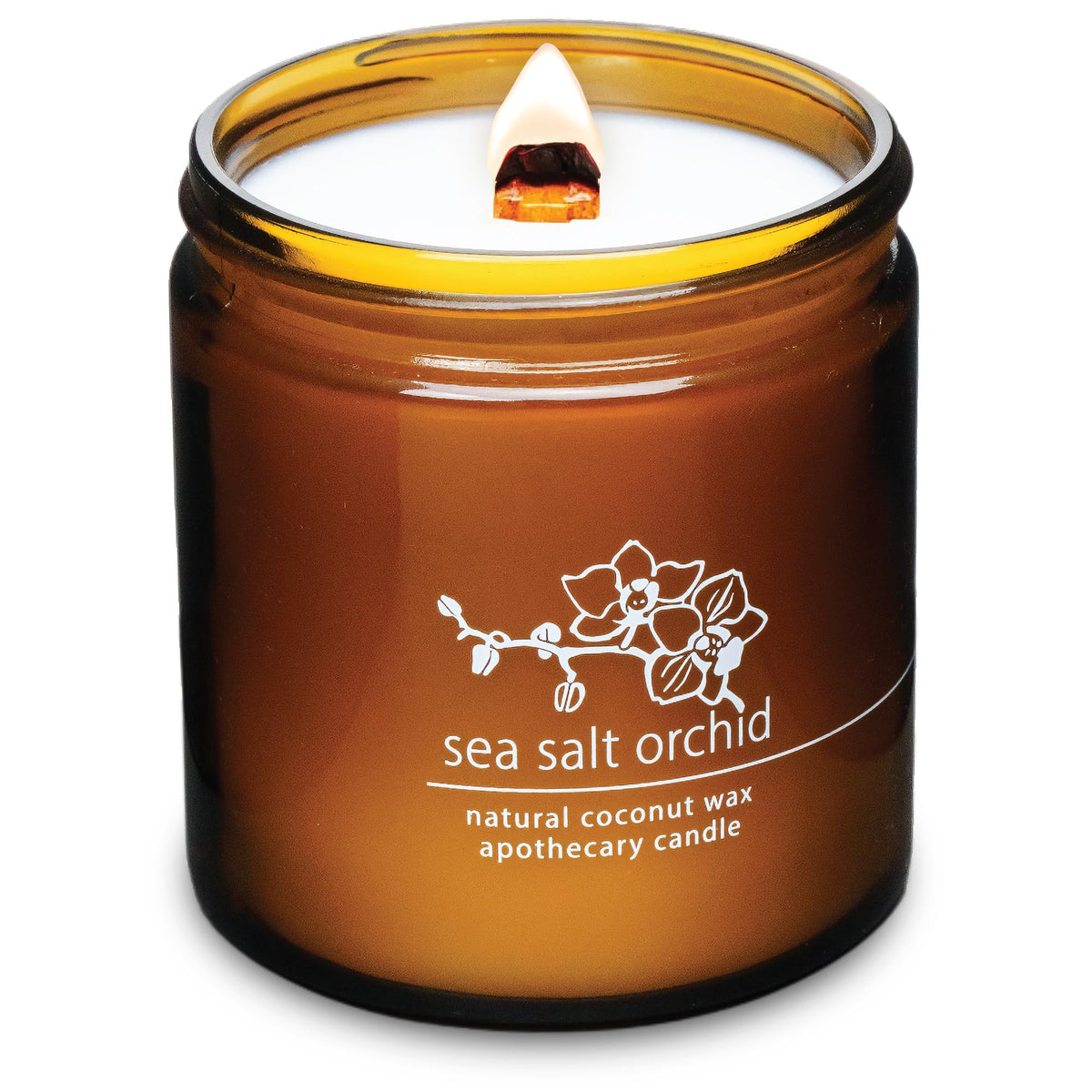 Hemlock Park Sea Salt Orchid candle with crackling wick close-up for cozy ambience.