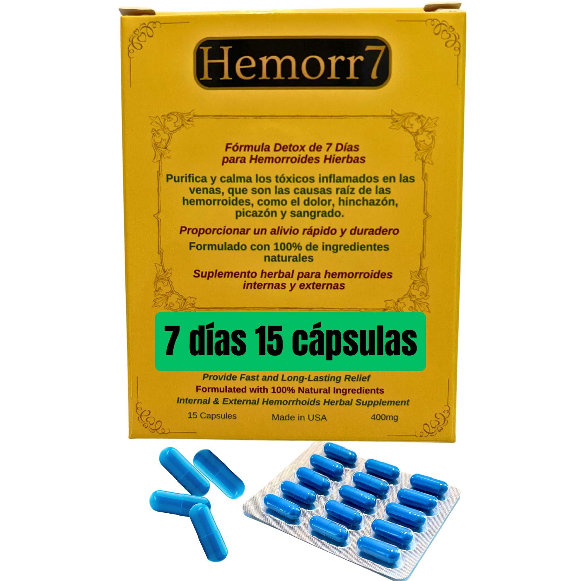 Hemorr7 bottle and capsules close-up for natural relief from hemorrhoid symptoms.