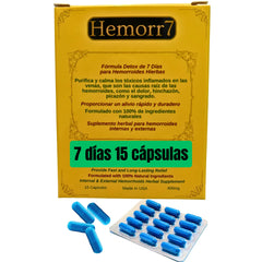 Hemorr7 bottle and capsules close-up for natural relief from hemorrhoid symptoms.
