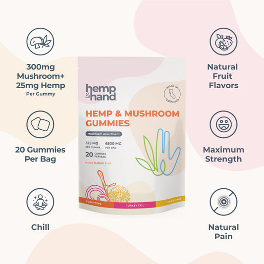 Hemp & Hand gummies close-up lemon flavor emphasizes citrus notes and Lion's Mane boost