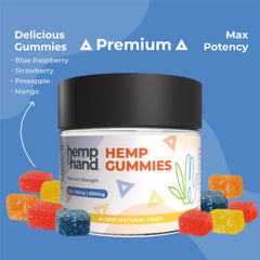 Hemp & Hand bottle label close-up showing potency and safety cues