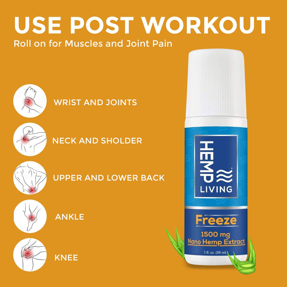 USA-grown hemp and safe formula highlights for Hemp Living Freeze Roll-On.