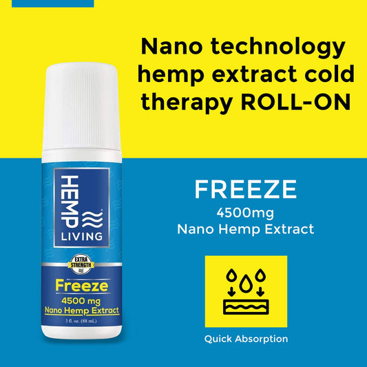 HEMP LIVING Freeze Roll-On menthol cooling on skin for quick sore-muscle comfort