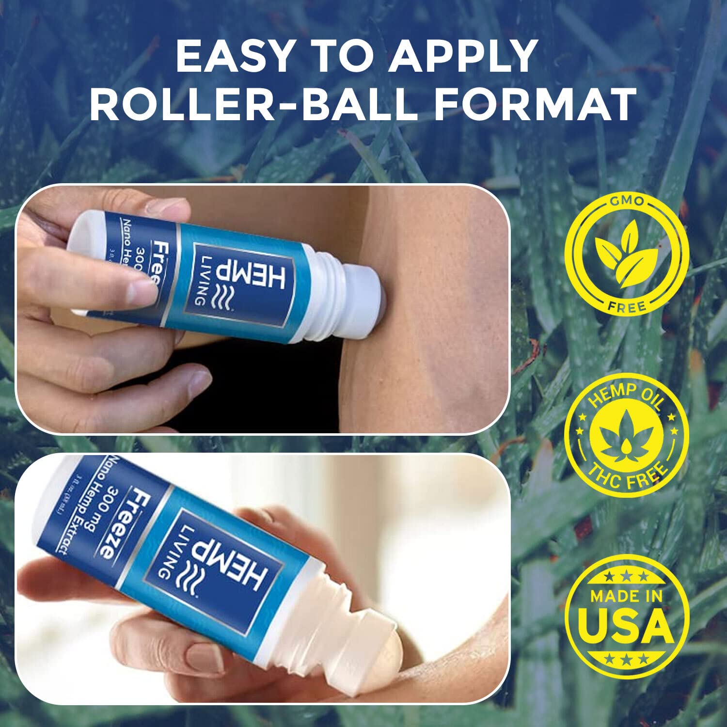 HEMP LIVING Freeze Roll-On applied to shoulder for targeted relief