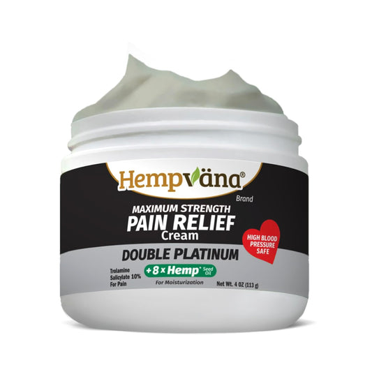 Hempvana Double Platinum Relief Cream jar showing compact 3 oz size for easy use