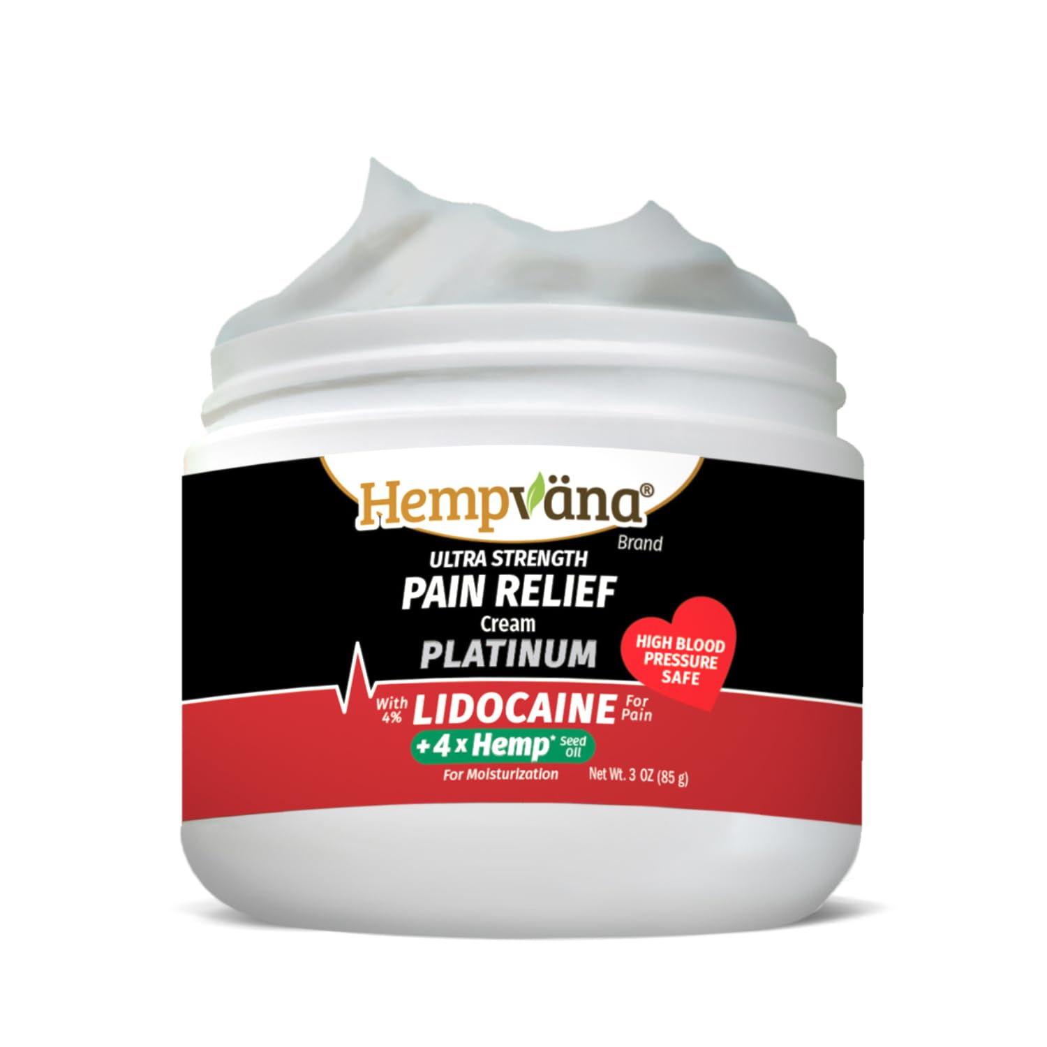 Hempvana Platinum lidocaine cream front label highlighting 4x seed oil benefits