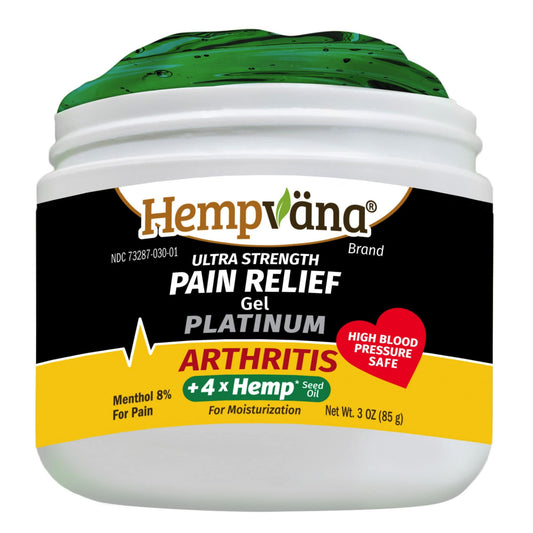 Hempvana Platinum Pain Relief Gel front bottle view highlighting fast absorption.