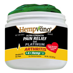 Hempvana Platinum Pain Relief Gel front bottle view highlighting fast absorption.