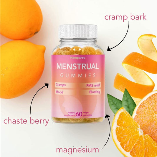HEMPWAY gummies label highlighting cramp bark and chaste berry ingredients.