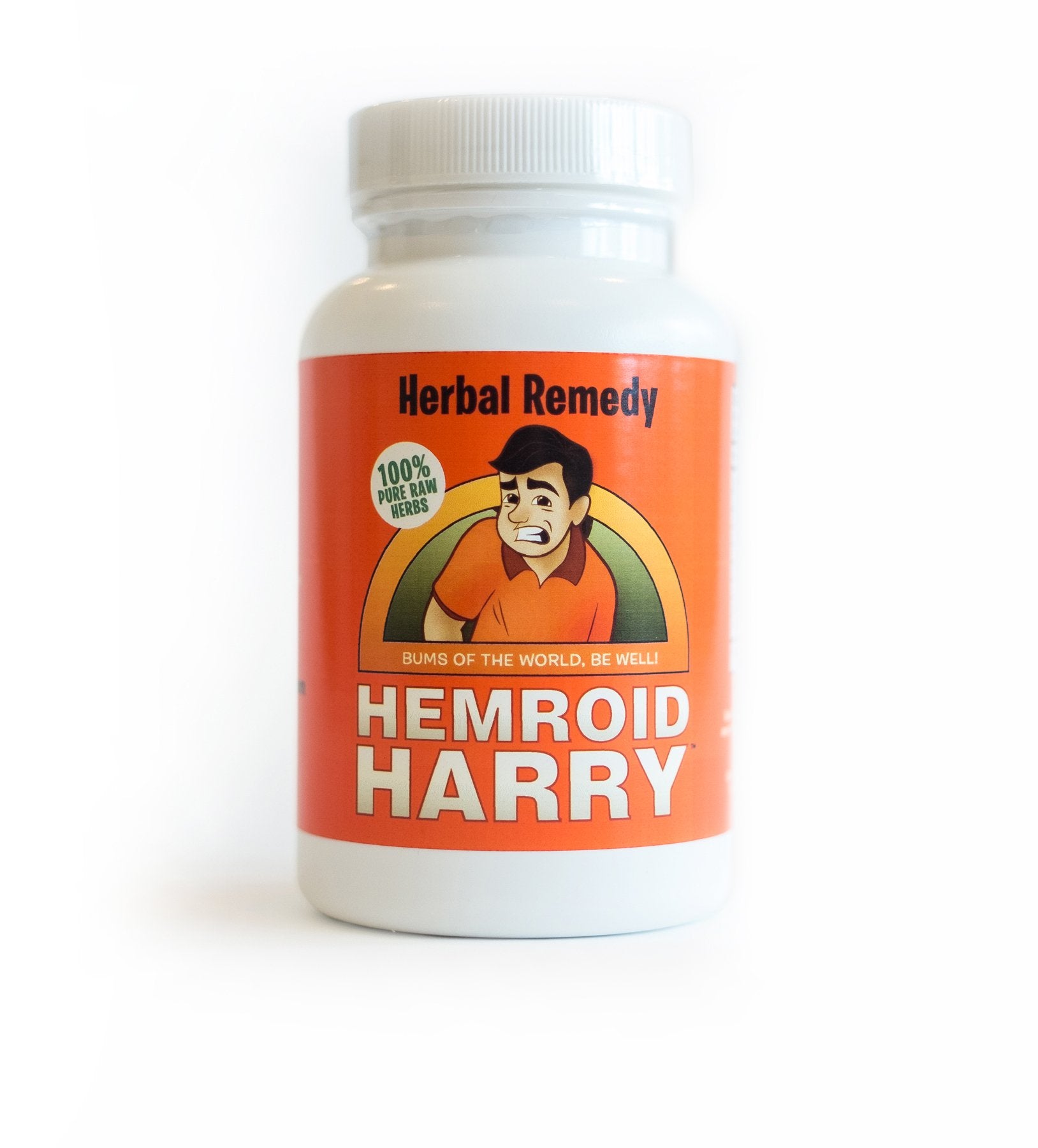 Hemroid Harry's Herbal Remedy bottle pouring, convenient daily natural support.