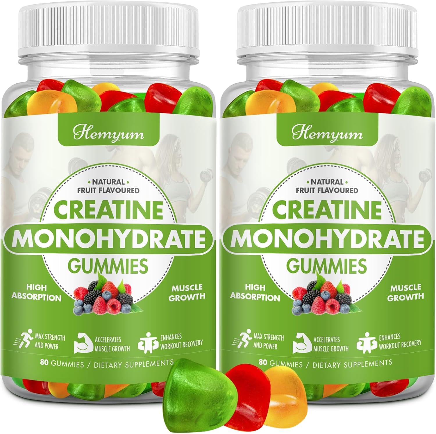 HEMYUM Creatine Gummies bottle label highlights vegan gluten-free formula for workouts.
