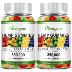 Hemyum Hemp Gummies packshot highlights night support and natural ingredients.