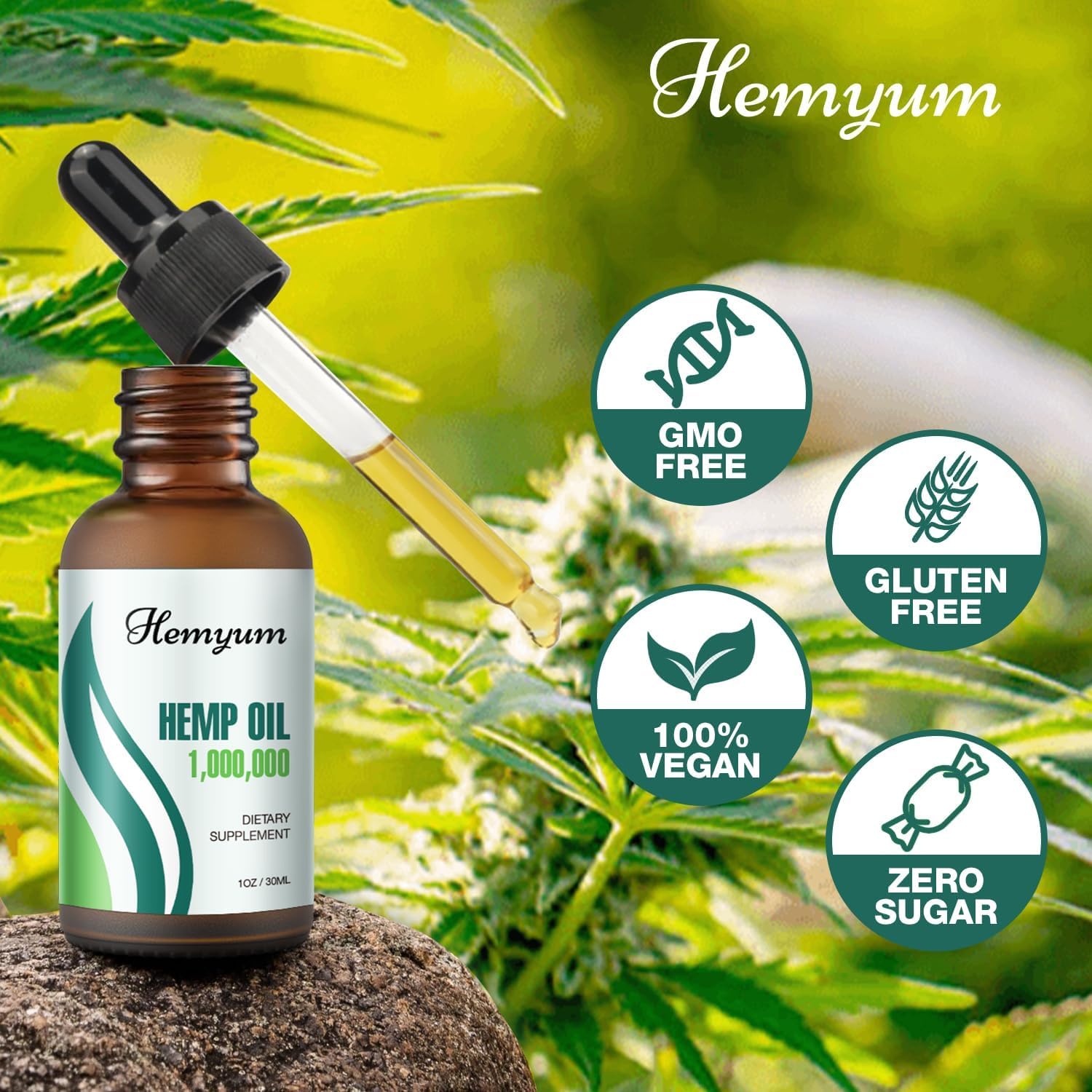Hemyum hemp oil drops pipette indicating easy dosing for calm mood moments.