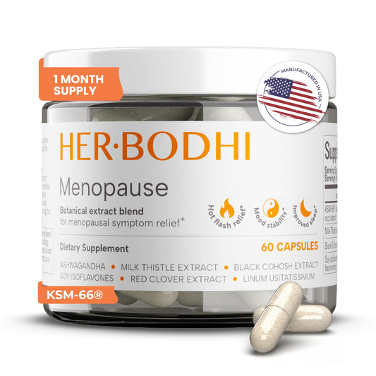 Her Bodhi Meno bottle front view with vegan capsules for menopause support.