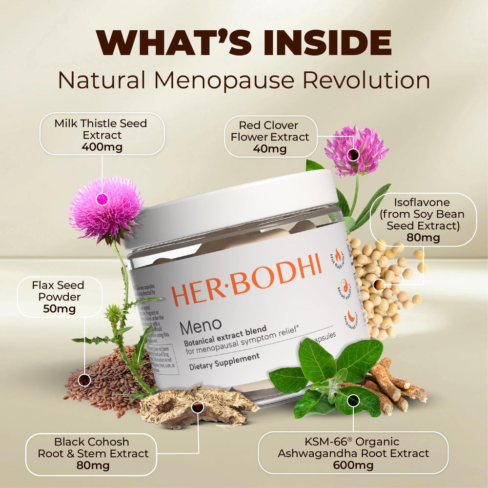 Her Bodhi MENO label detail showcasing ingredients like ashwagandha and isoflavones