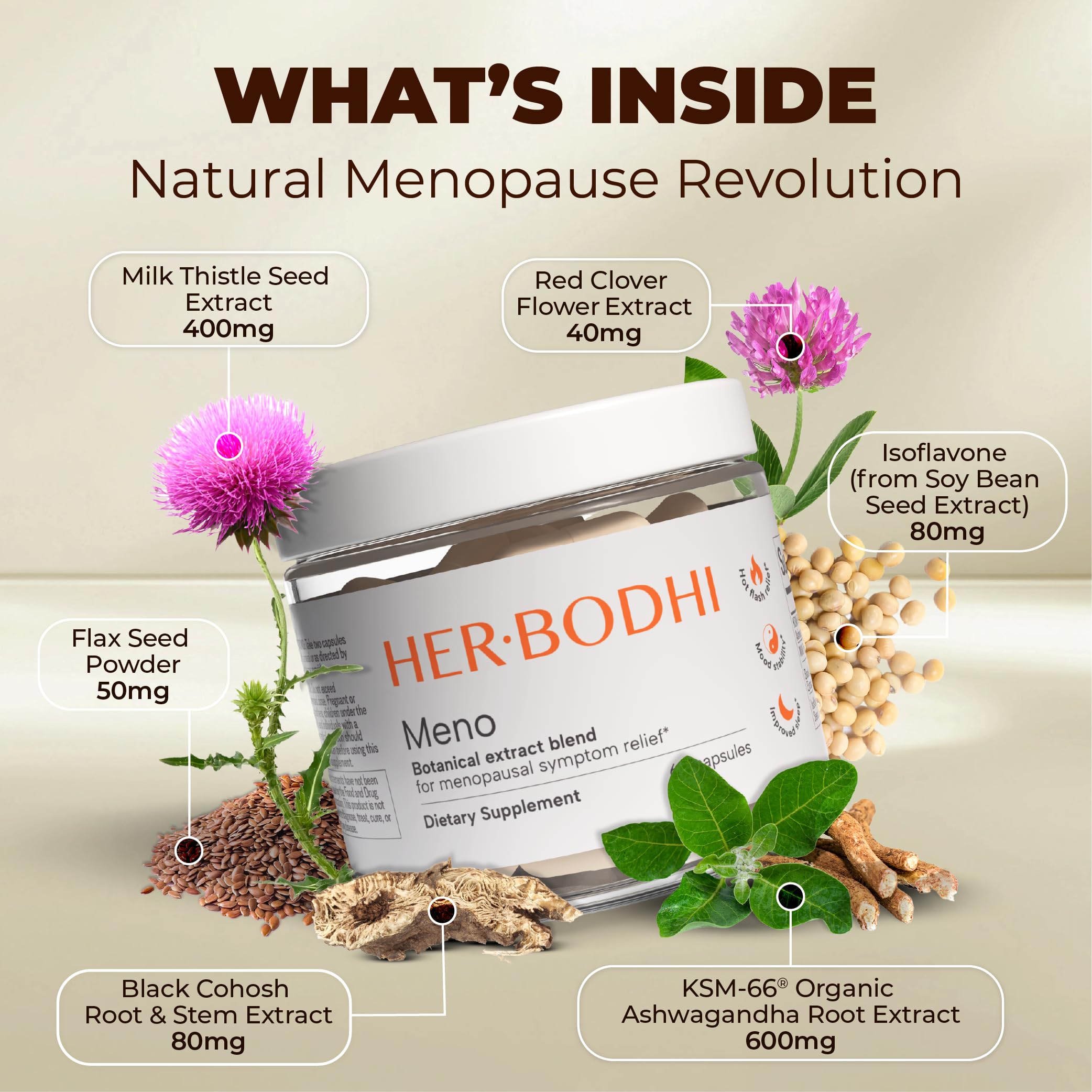 Her Bodhi Meno ingredients: Soy Isoflavones in plant-based formula for balance.