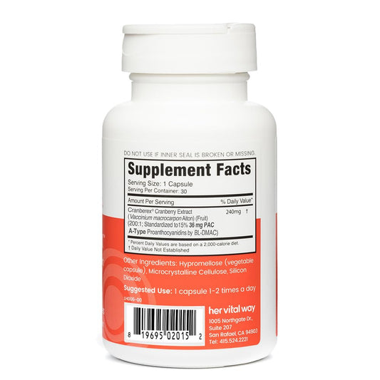 Cranberex cranberry extract capsules promote daily urinary and kidney support by Her Vital Way.