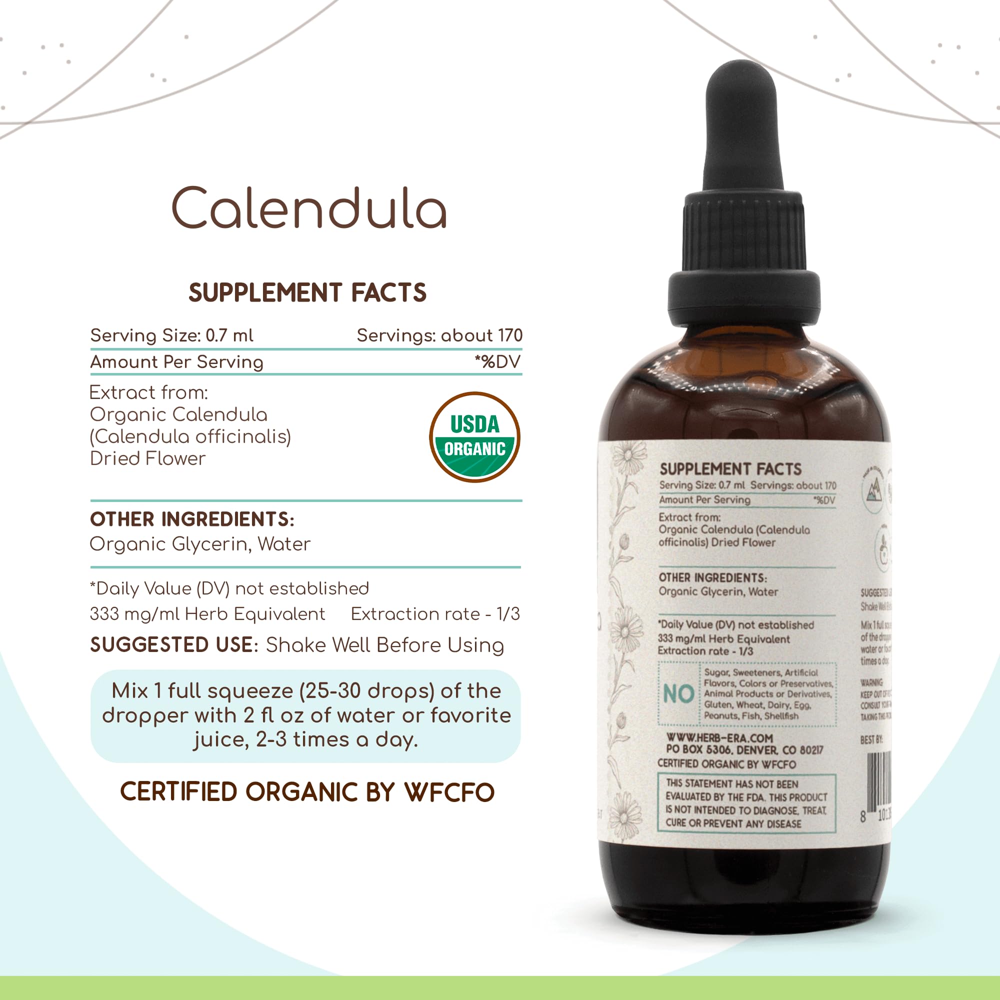 HerbEra Calendula label front highlights certified organic calendula quality.