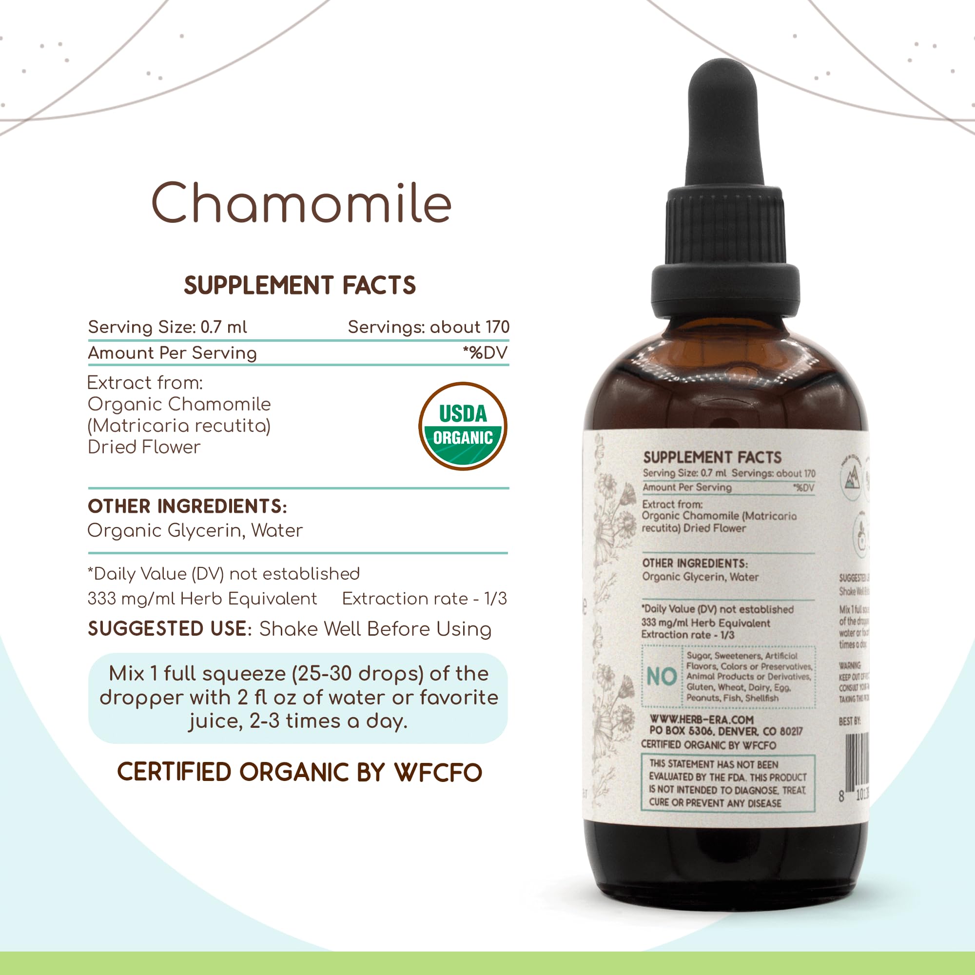 HerbEra Chamomile tincture label closeup highlights organic chamomile petals and quality identity.