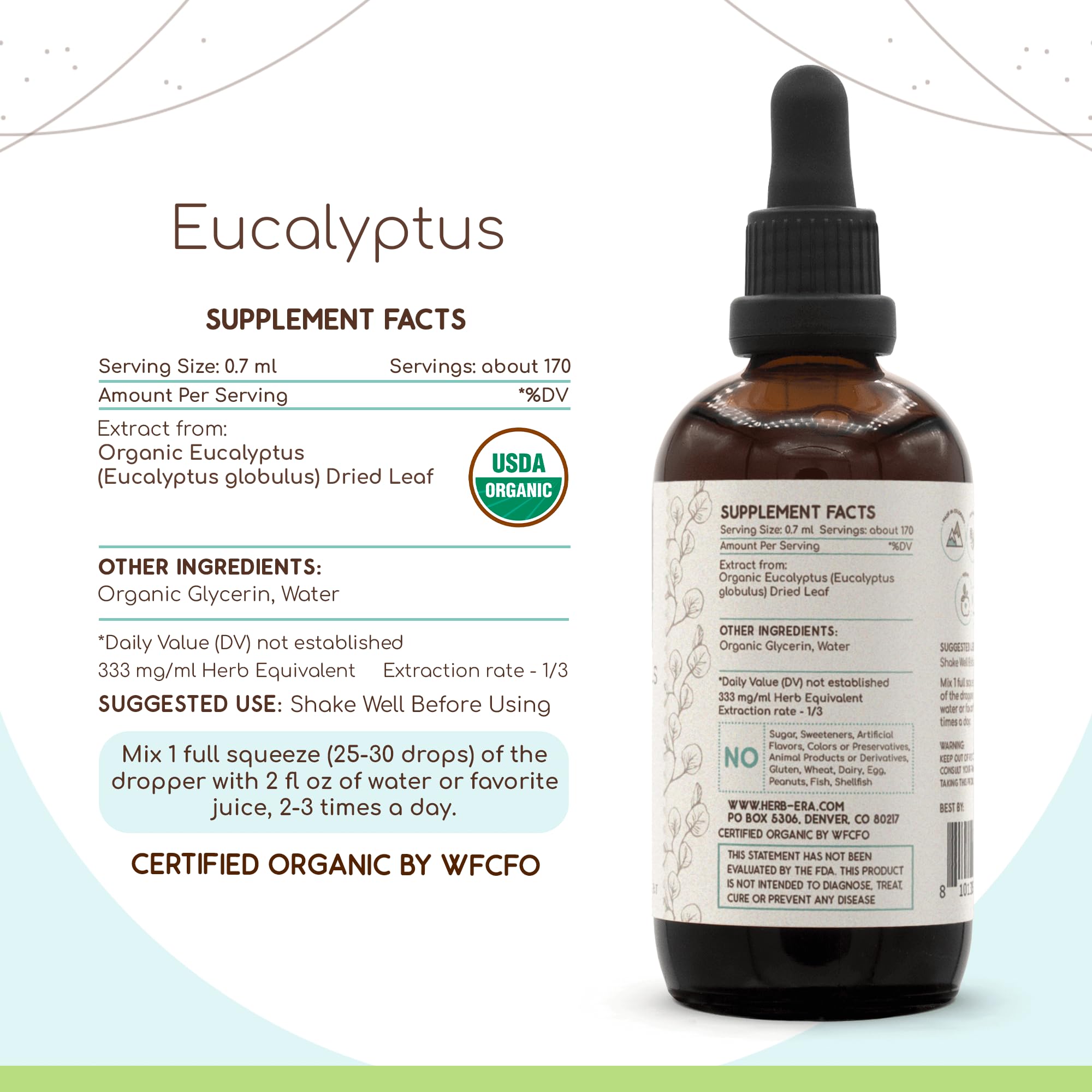 HerbEra Eucalyptus B120 tincture label close-up showing USDA Organic certification.