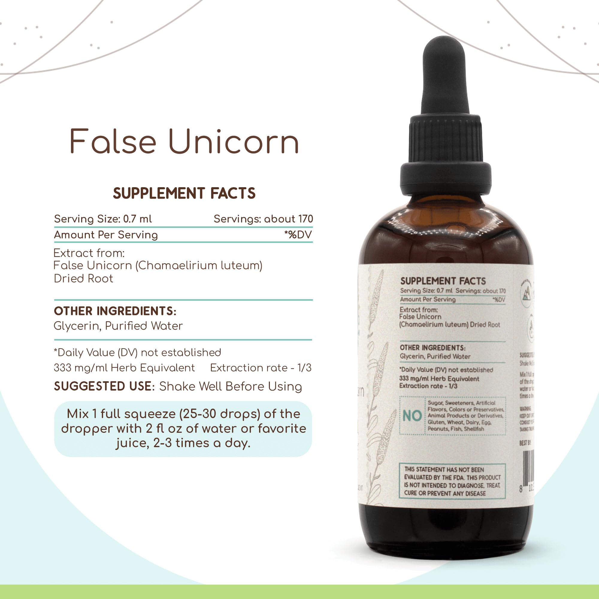 HerbEra False Unicorn B120 tincture bottle label close-up showing ingredients.