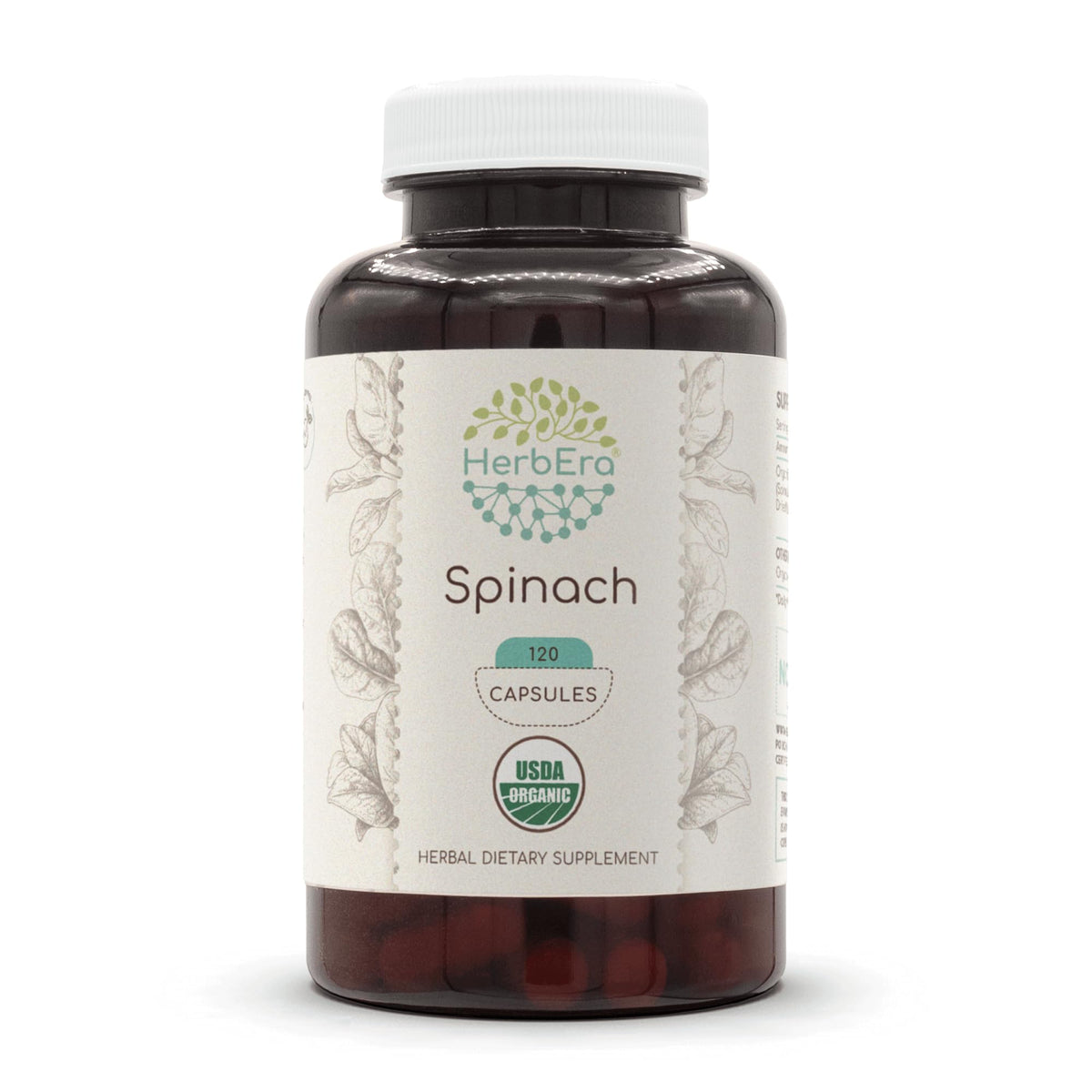 HerbEra Spinach 120 capsules bottle on kitchen shelf for daily greens
