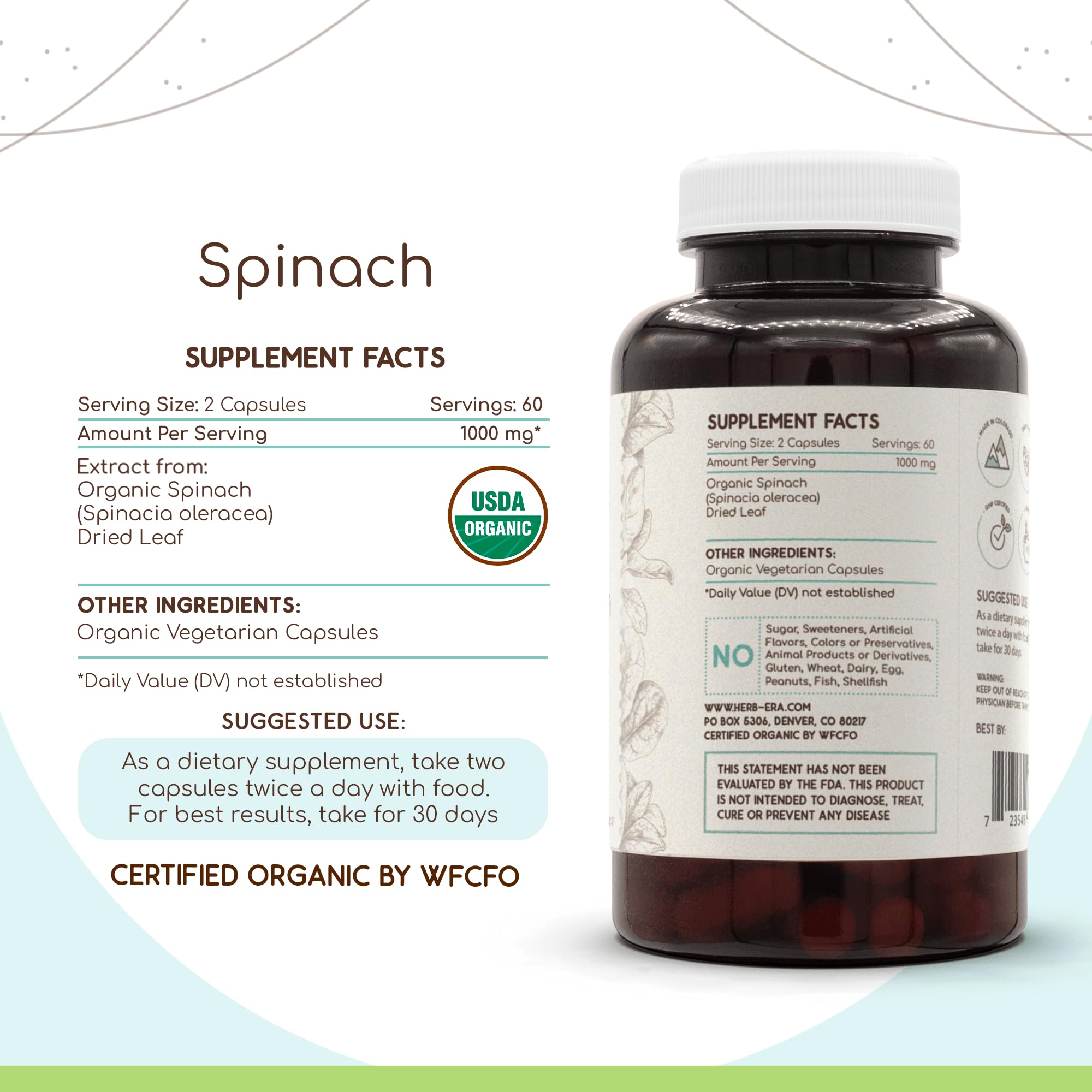 HerbEra USDA Organic Spinach label highlights natural origin and purity
