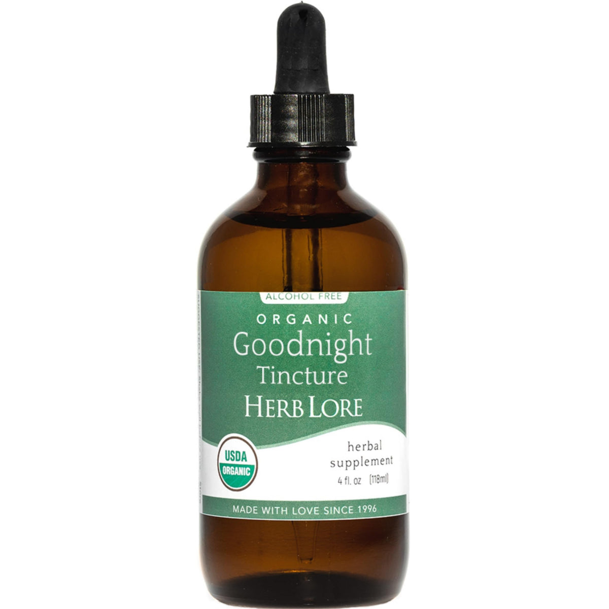 Herb Lore GoodNight tincture bottle showing organic, melatonin-free herbal blend.