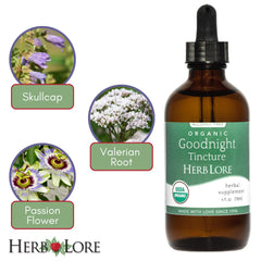 Label highlights skullcap, valerian, and passion flower in Herb Lore GoodNight.